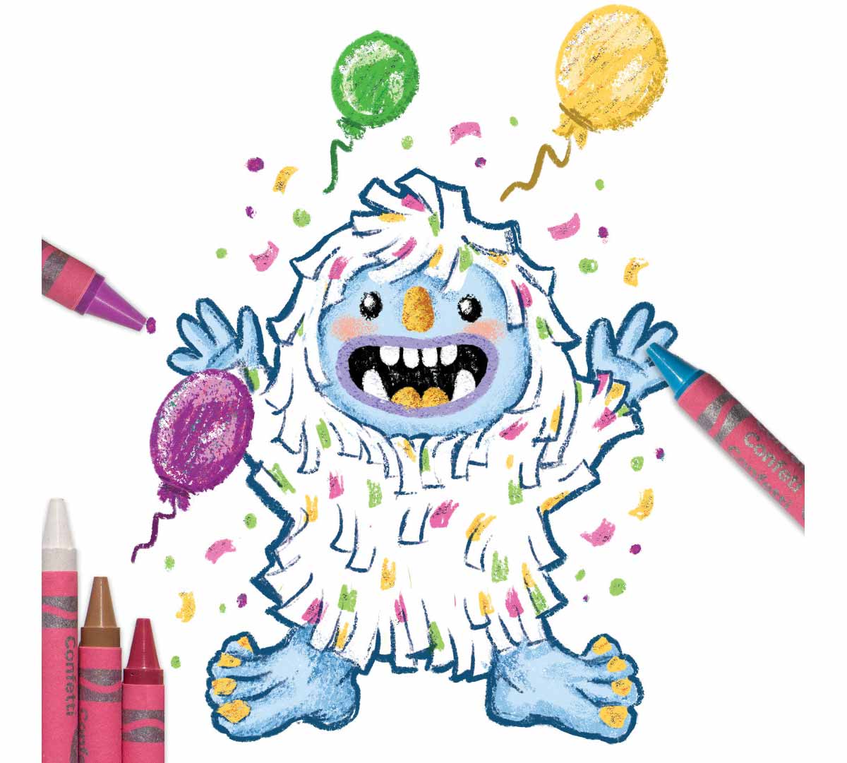 Confetti crayons  24 count. Yeti partial colored with confetti crayons surrounded by confetti and balloons.