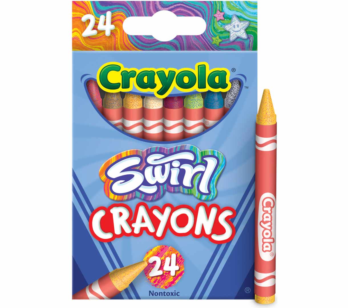 Swirl Crayons  24 count. One swirl crayon standing on end next to packaging.