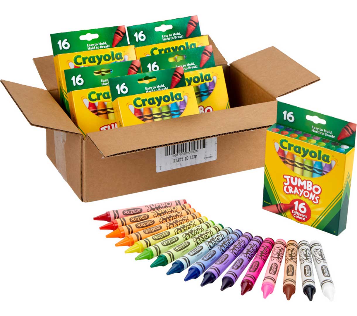 Bulk Jumbo Crayon Set  6 boxes of 16 Count Jumbo Crayons. Packaging and contents.