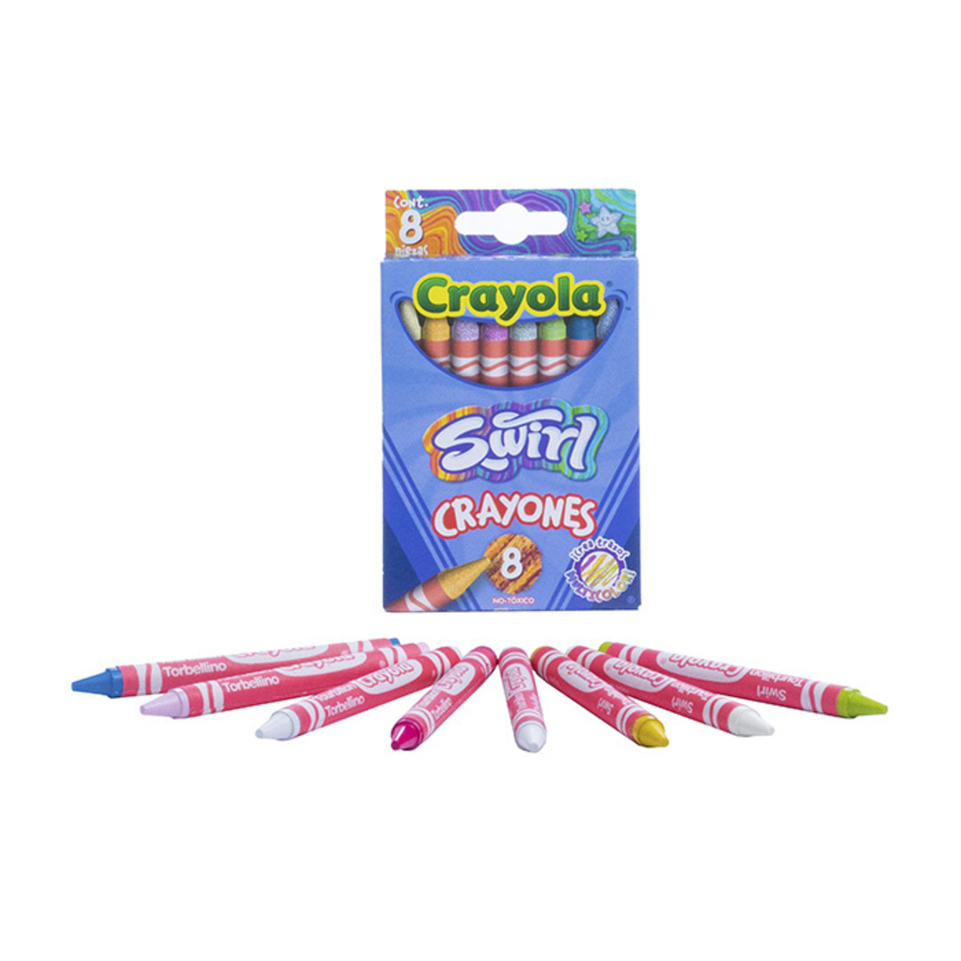 8 Crayones Swirl embalaje y contenido