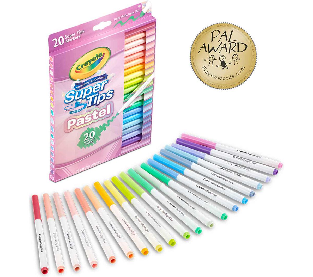 Washable super tips pastel markers, 20 count. packaging and contents. PAL award seal.