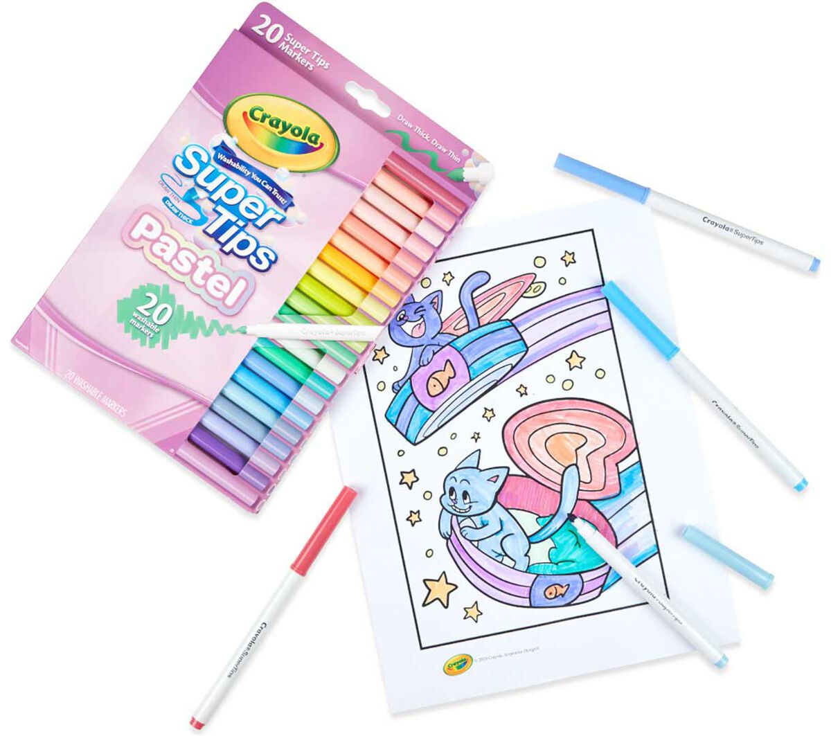 Washable super tips pastel markers, 20 count. packaging and coloring page surrounded by super tip markers.