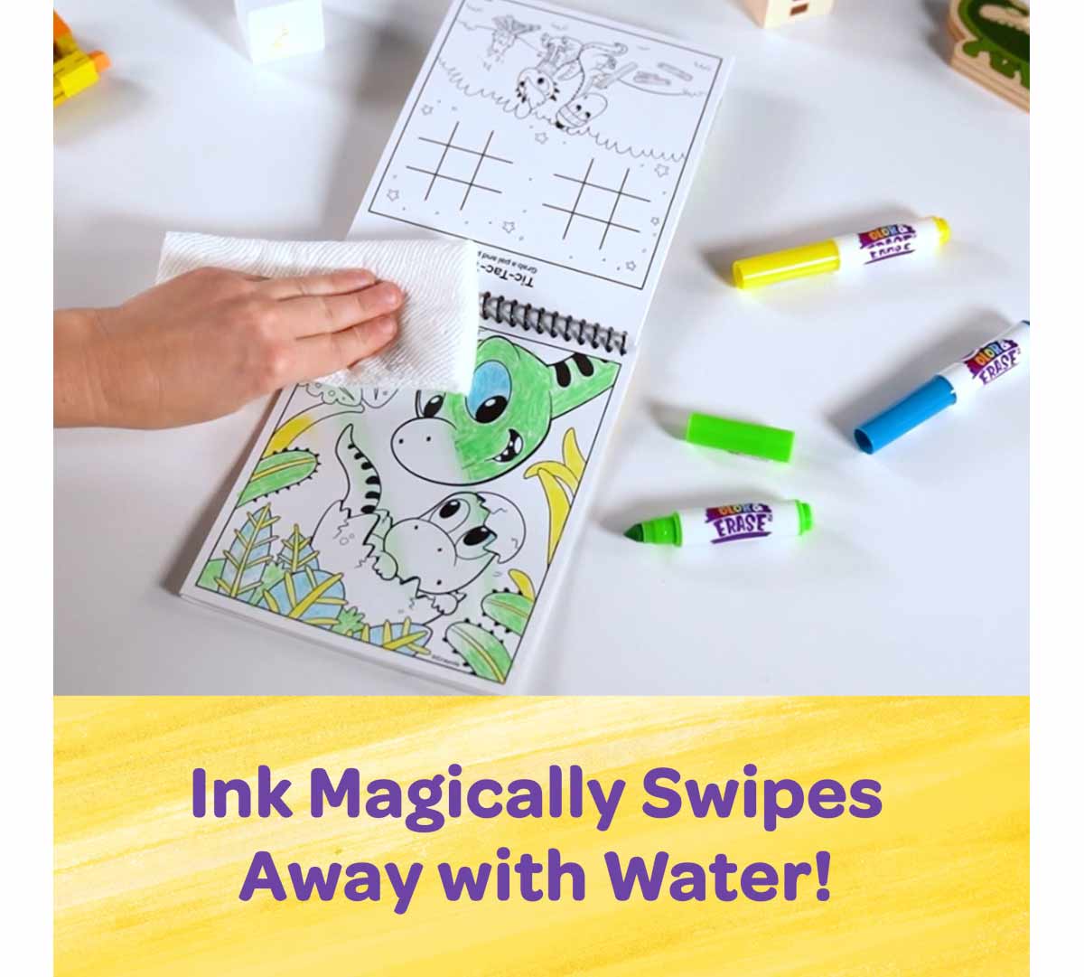 Dinosaur Color and Erase Reusable Activity Pad with Markers 8 Dual-Sided Coloring pages and 3 washable markers