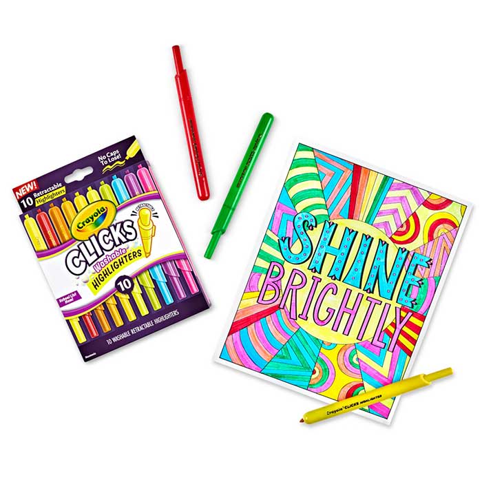 Clicks Retractable Highlighters, 10 count. Packaging, three highlighters and colored page.