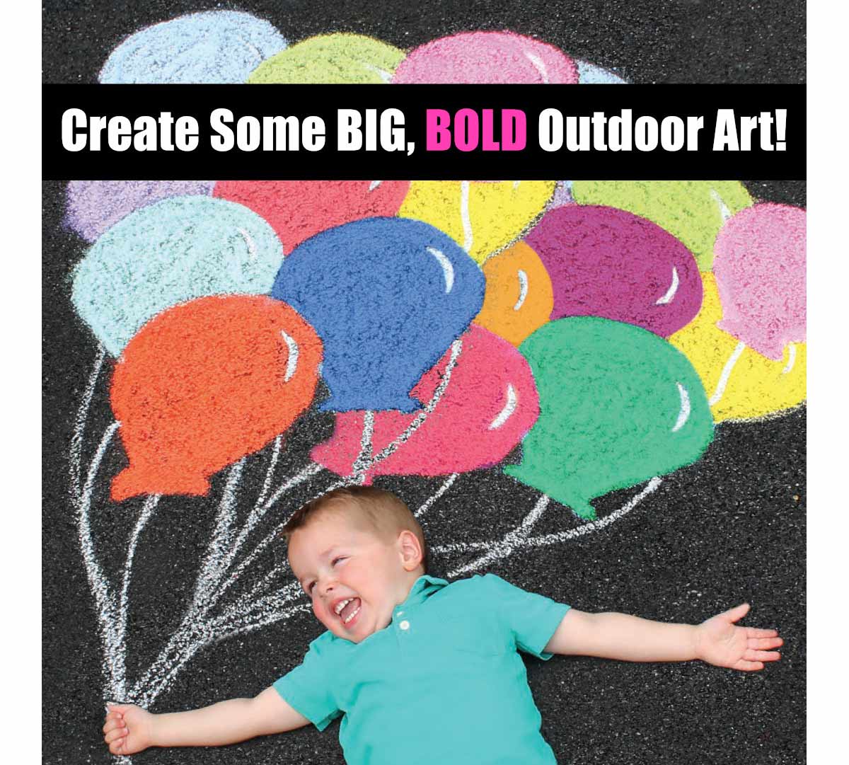 Chalk Bundle Create some big  bold outdoor art!  Boy laying next to chalk drawing of balloon bouquet