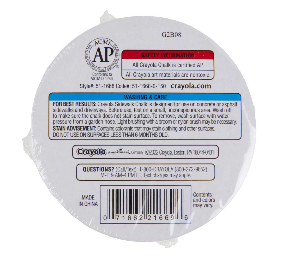 Outdoor Super Chalk  30 Count Durable & Washable Sidewalk Chalk Pucks. Back of puck packaging.