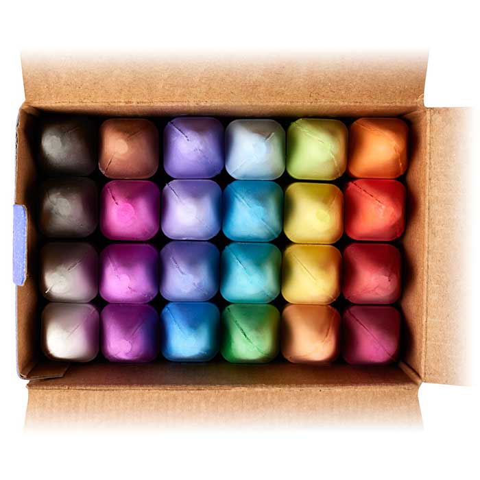 Washable Sidewalk Chalk, Glitter, 24 Count. open package with contents, top view.