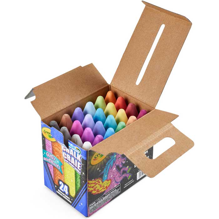 Washable Sidewalk Chalk, Glitter, 24 Count. open packaging with contents. top, right view.