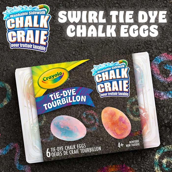 Washable Sidewalk Chalk Eggs, Tie-Dye, 6 Count. washable sidewalk chalk. craie pour trottoir lavable. swirl tie-dye chalk eggs.