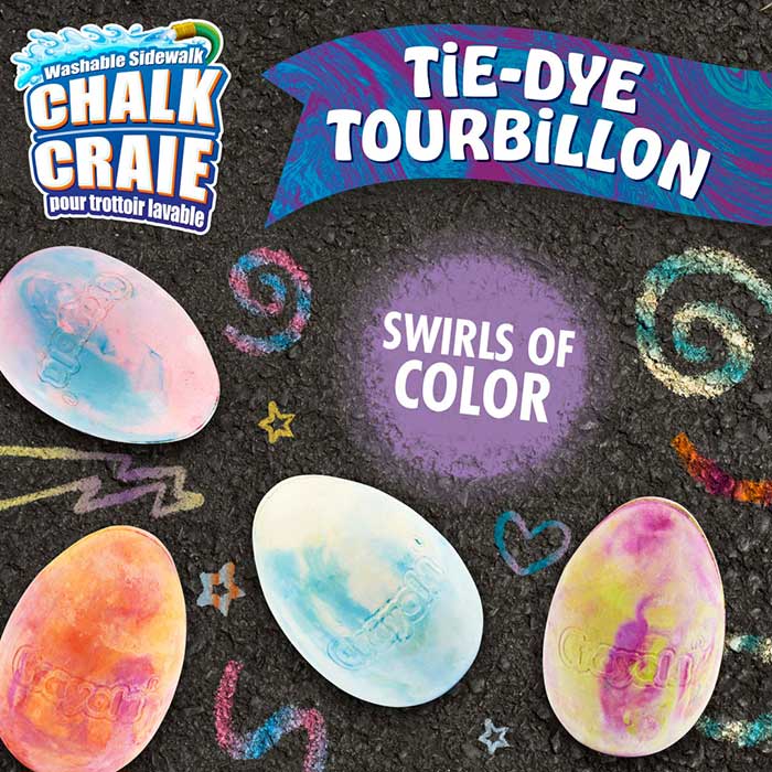 Washable Sidewalk Chalk Eggs, Tie-Dye, 6 Count. washable sidewalk chalk. craie pour trottoir lavable. tie-dye tourbillion. swirls of color.