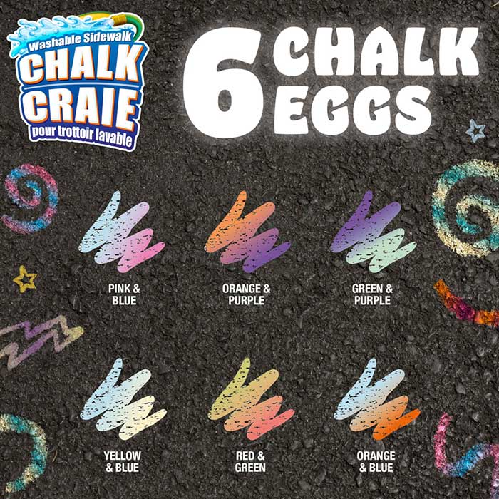 Washable Sidewalk Chalk Eggs, Tie-Dye, 6 Count. color swatches. 6 chalk eggs. washable sidewalk chalk. craie pour trottoir lavable. pink & blue, orange & purple, green & purple, yellow & blue, red & green, orange & blue.