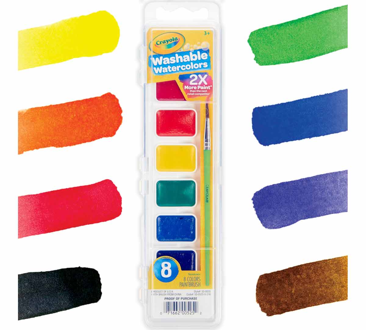 Washable Watercolor Paints  8 count front view with color swatches