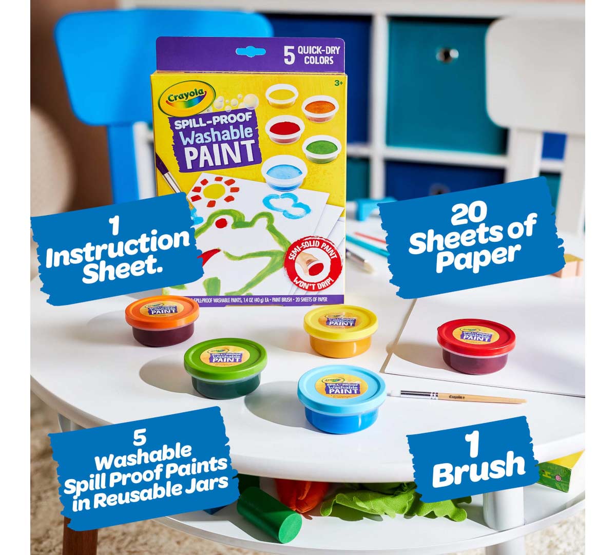 Spill Proof Washable Paint set. 1 instruction sheet. 20 sheets of paper. 5 washable spill proof paints in reusable cups. 1 brush.