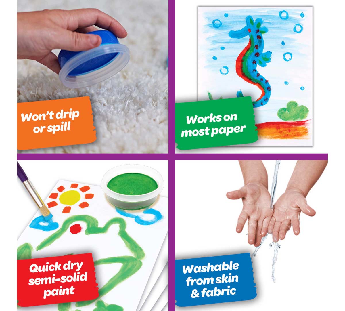 Spill Proof Washable Paint set. Won't spill or drip. Works on most paper. Quick dry semi-solid paint. Washable from skin and fabric.
