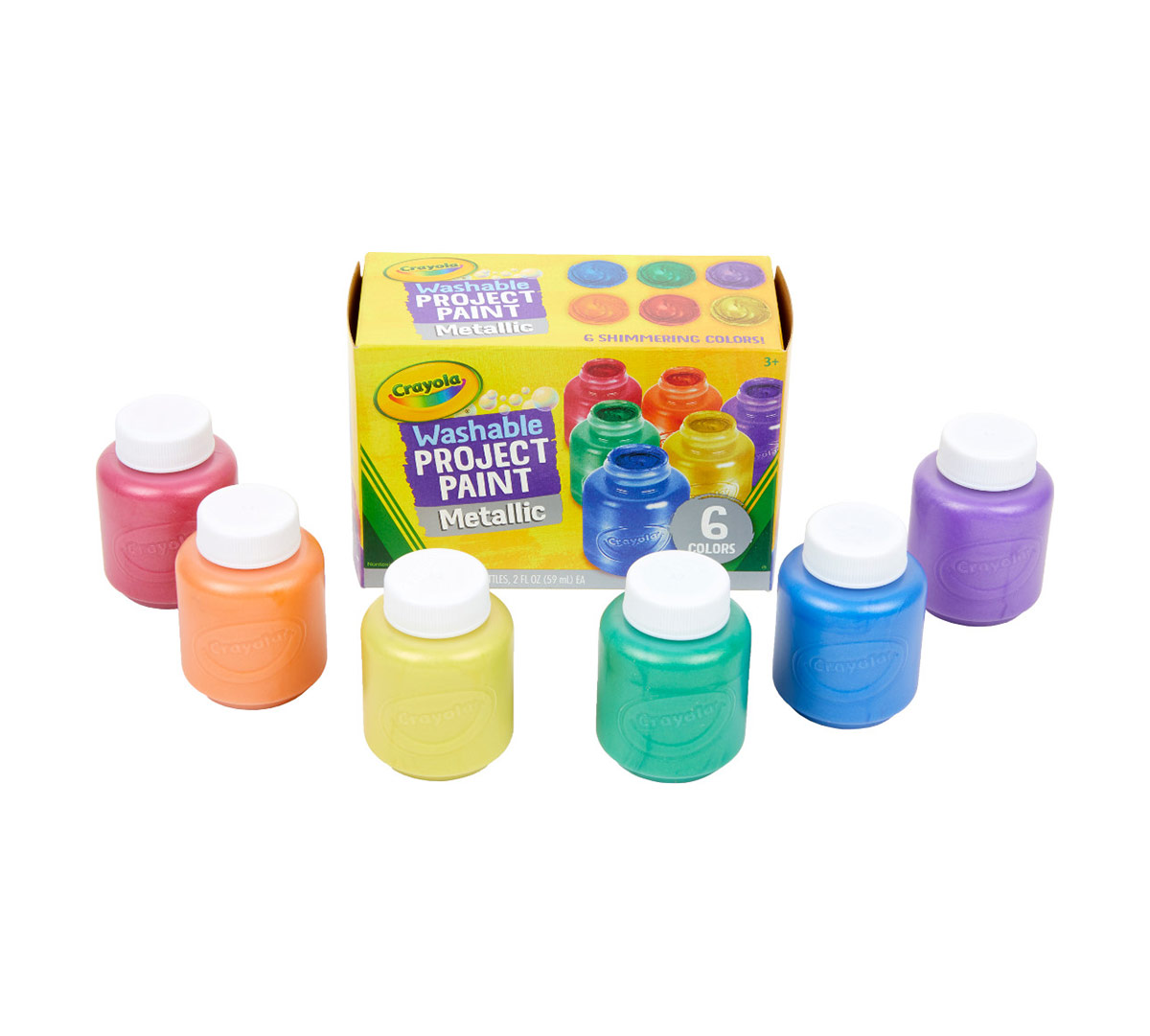 Washable Metallic Paint  6 Count Front View and Paint Bottles