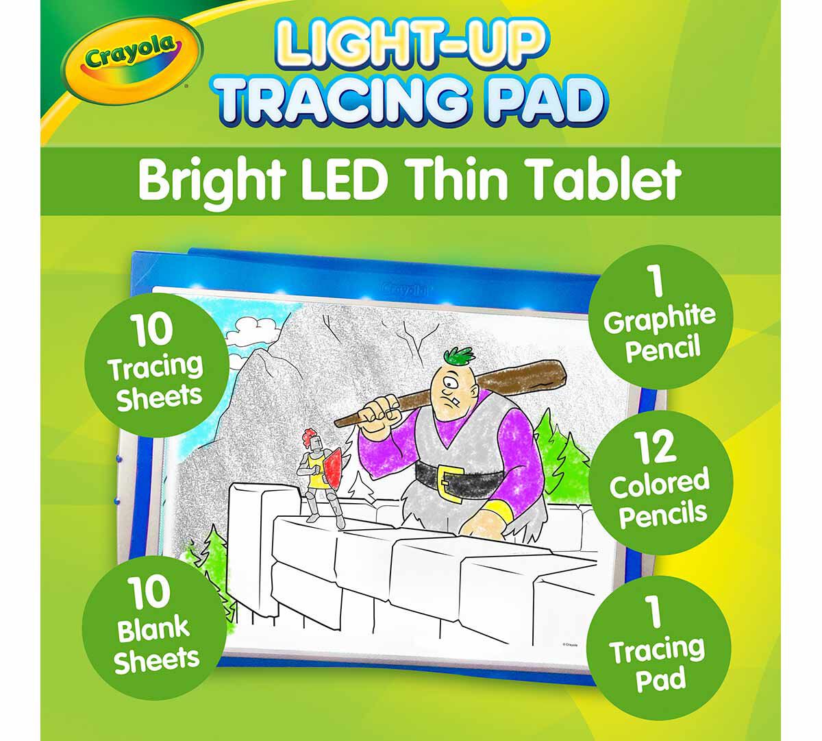 Light-up tracing desk, blue, mythical creatures. bright LED thin tablet. 10 tracing sheets. 1 graphite pencil. 12 colored pencils. 10 blank sheets. 1 tracing pad.