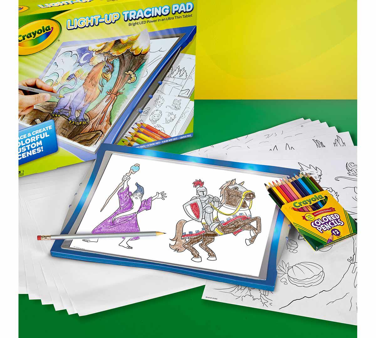 Light-up tracing desk, blue, mythical creatures. packaging and contents.
