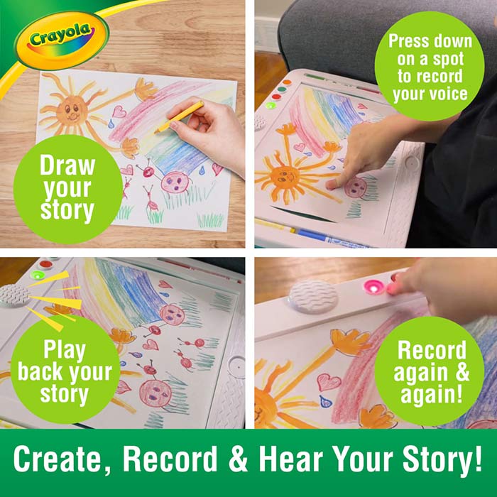 Crayola Story Creator. Draw your story. Press down on a spot to record your voice. Play back your story. Record again & again! Create, record & hear your story.