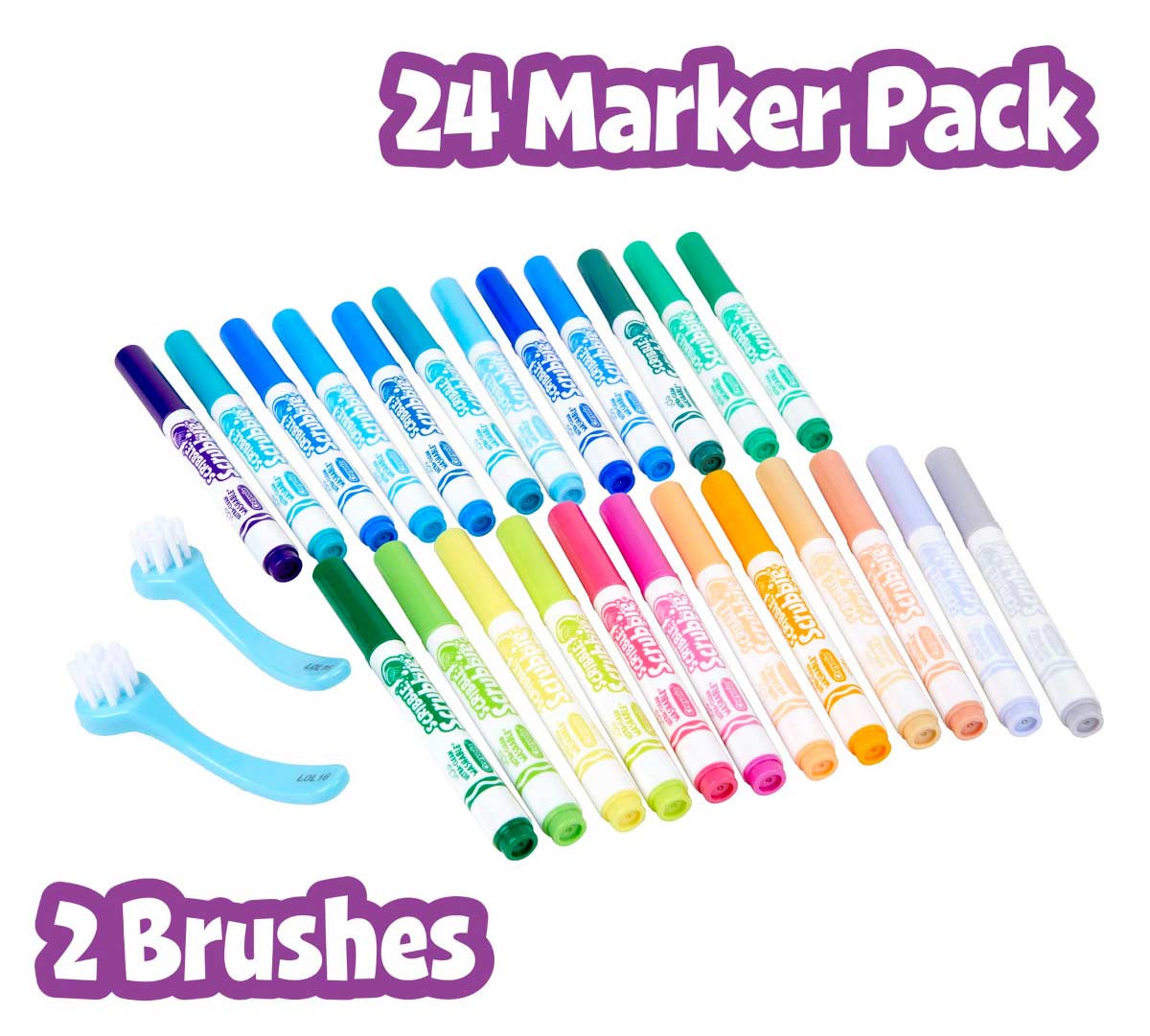 Scribble Scrubbies 24 count Markers. 24 Marker pack.  2 Brushes.