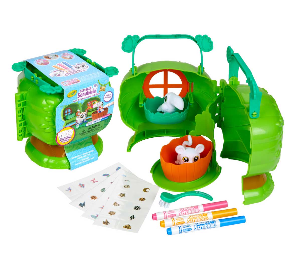 Scribble Scrubbie Safari Treehouse Playset packaging and contents.