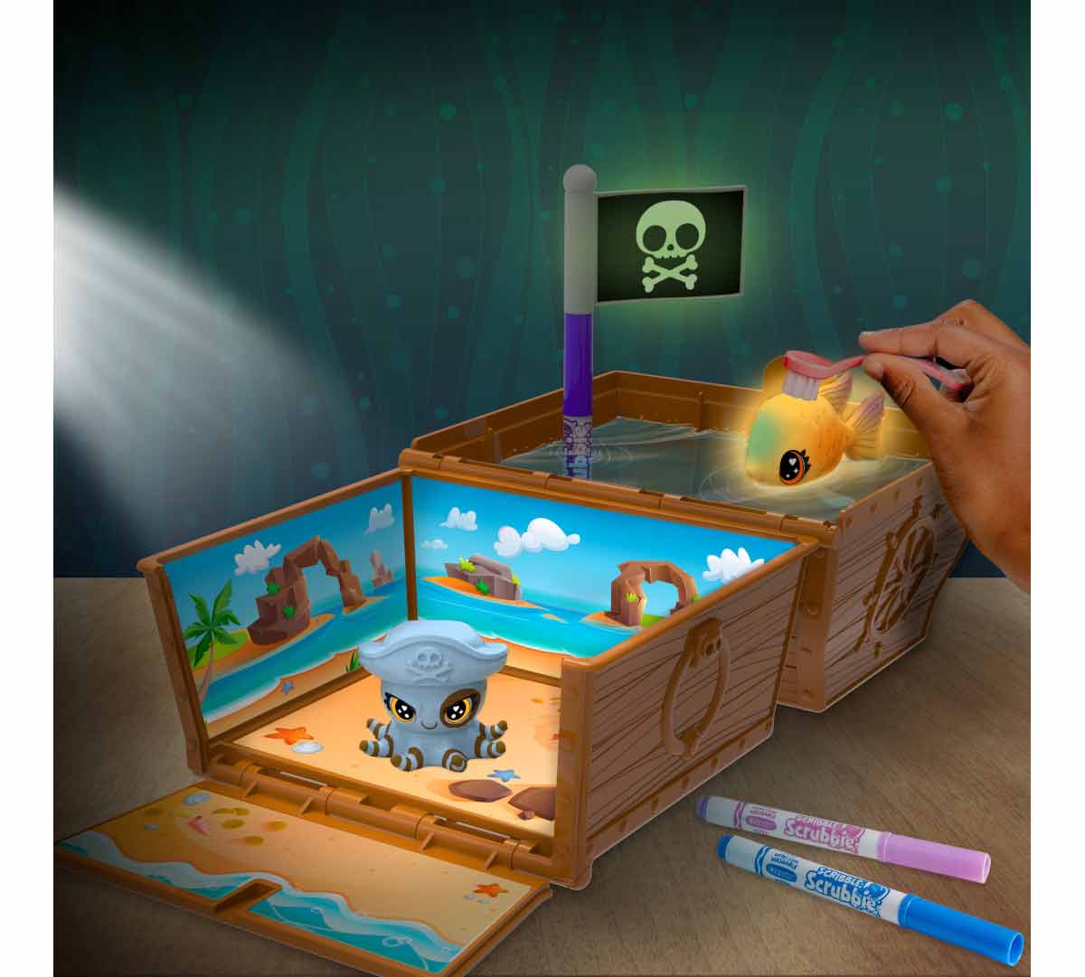 Juego de cofre del tesoro Scribble Scrubbie Pets Glow Ocean.  Pulpo y pez brillante dentro del pecho.