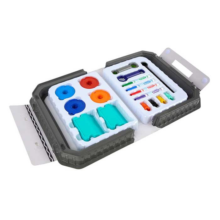 Colourwhirls Arena contents. Arena unassembled and pieces in storage compartment.