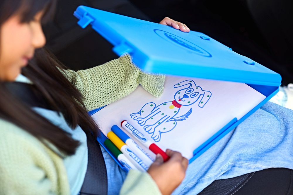 Color Wonder Create and Carry Case in use while travelling in car