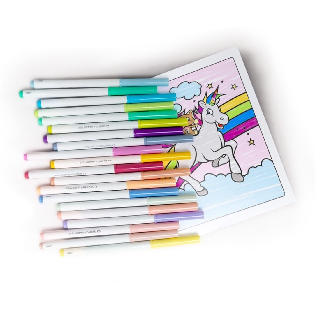 Pastel SuperTips Washable Markers, Pack of 20 contents and colored image.