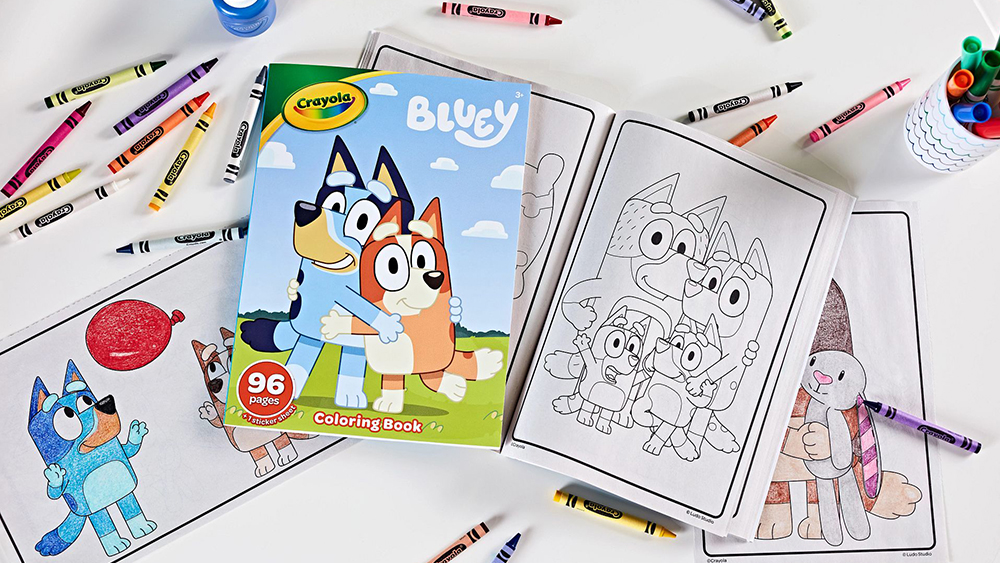 Crayola Bluey Colouring Book front view and inside pages, with Crayola crayons